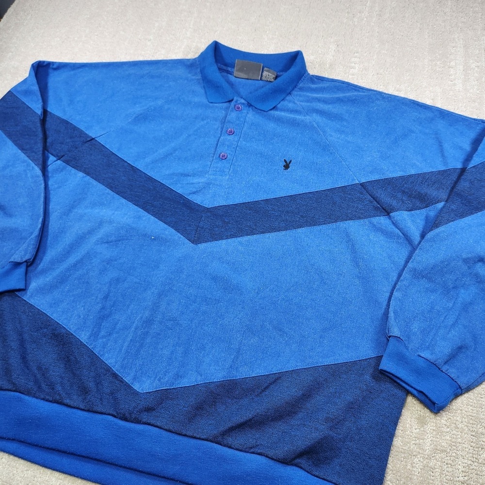Vintage 80s Playboy Shirt Men XL Rugby Style Colorblock Blue Naughty Hugh Hefner